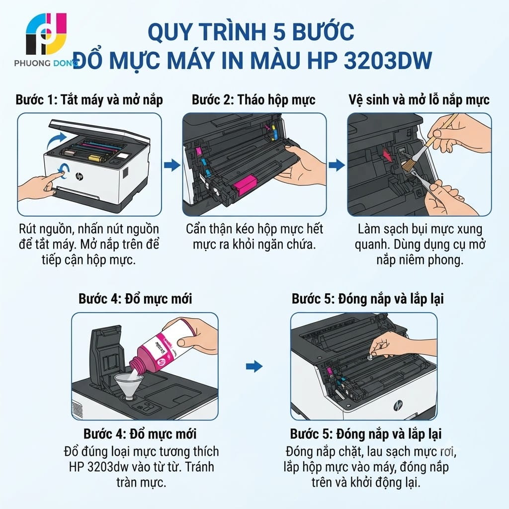 Quy Trình Đổ Mực Máy In Màu HP 3203dw